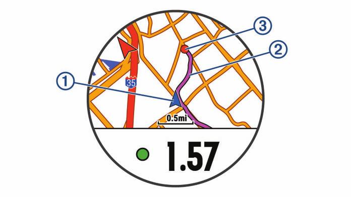 Vytvoření okružní trasy Zařízení může vytvořit trasu pro okružní cestu na základě nastavené vzdálenosti a směru navigace. 1 V zobrazení hodinek stiskněte tlačítko. 2 Vyberte možnost Běh nebo Kolo.