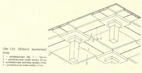 D/ Hríbové montované stropy Vznikli z monolitických hríbových stropov zhotovením prefabrikátov jednotlivých častí, ktorých je päť: a) montovaný