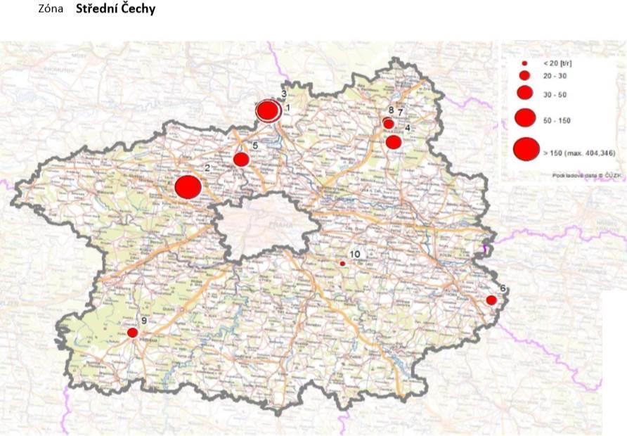 Obrázek 50: Provozovny vyjmenovaných zdrojů s nejvyššími emisemi tuhých znečišťujících látek, stav roku 2011, zóna CZ02 Střední Čechy Zdroj dat: ČHMÚ B.6.