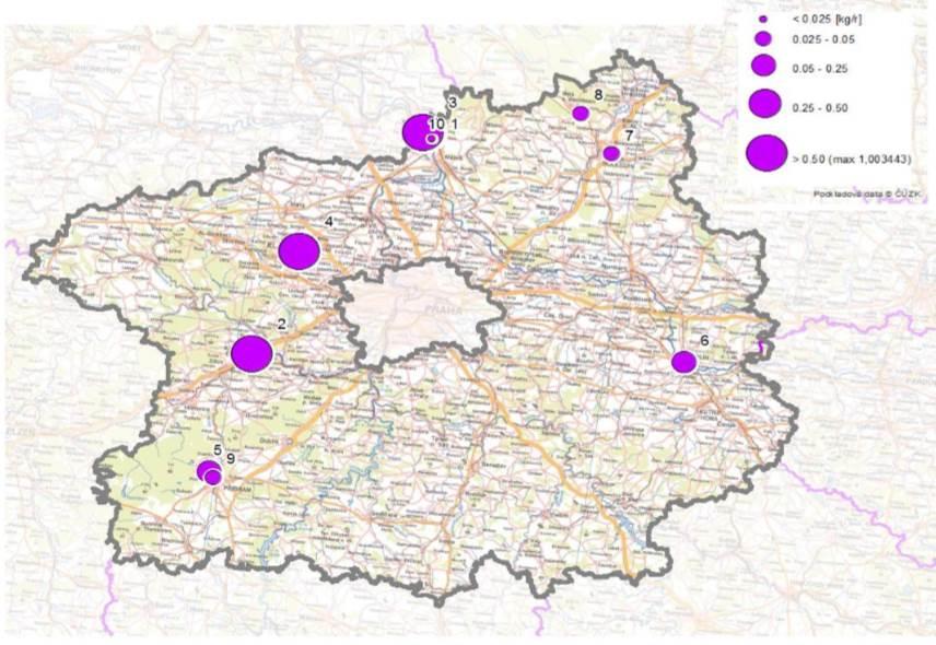 Obrázek 52: Provozovny vyjmenovaných zdrojů s nejvyššími emisemi benzo(a)pyrenu, stav roku 2011, zóna CZ02 Střední Čechy Zdroj dat: ČHMÚ B.6.