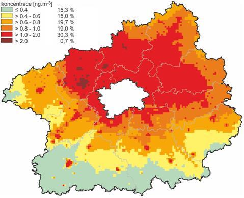 Obrázek 30: Pole průměrné roční koncentrace benzo(a)pyrenu, zóna CZ02