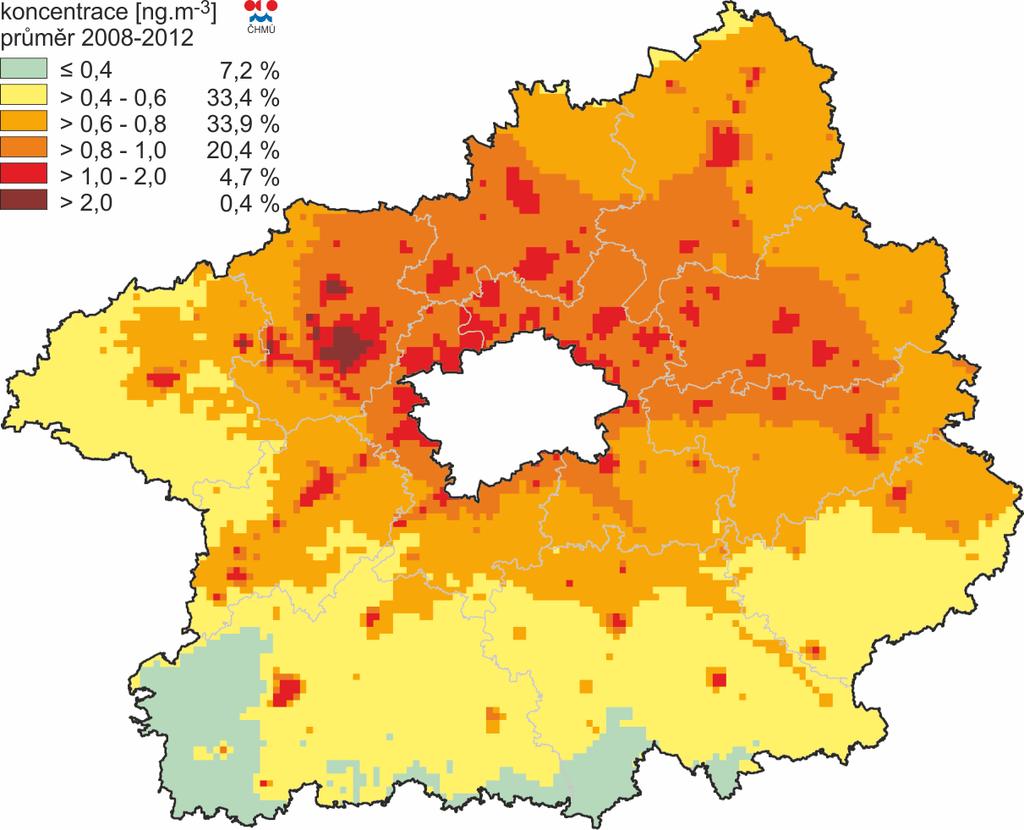 Obrázek 32: Pole průměrné roční koncentrace B(a)P, zóna CZ02 Střední Čechy, pětiletý průměr za roky 2008-2012 Zdroj dat: ČHMÚ Shrnutí Imisní limit pro benzo(a)pyren je dlouhodobě překračován na všech