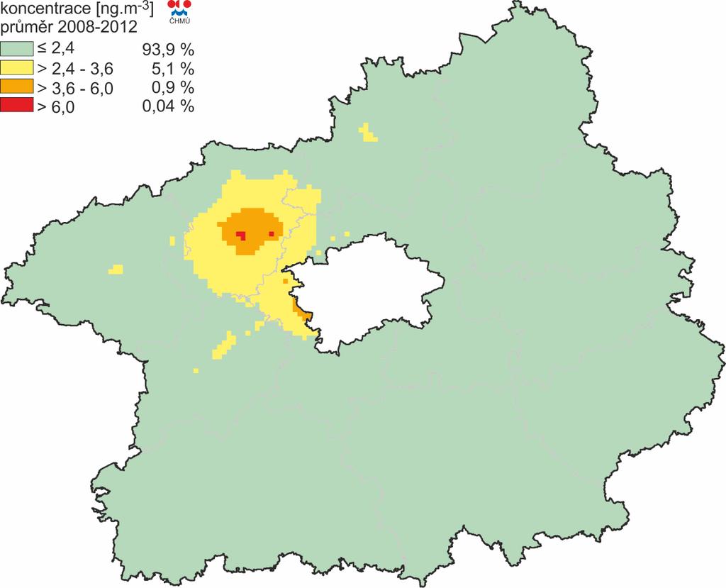 Obrázek 36: Pole průměrné roční koncentrace As, zóna CZ02 Střední Čechy, pětiletý průměr za roky 2008-2012 Zdroj dat: ČHMÚ Shrnutí Z celorepublikového pohledu vyvstává problém s překročením imisního