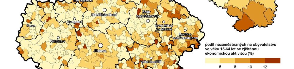 Nejnižší míru zaměstnanosti mají přirozeně kraje s vysokou nezaměstnaností (Moravskoslezský, Ústecký).