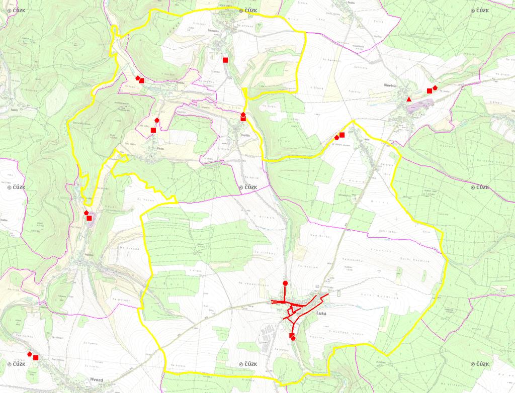 E. KANALIZACE A ČOV Mapa E1: Kanalizace - rozvody v obci Trasování sítí, lokalizace ČOV, čerpací stanice (ČS), výústě Obec: Luká Legenda: Kanalizace: Ochranné pásmo: Vyústění: do 2015 po 2015 I IA IB