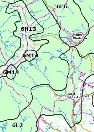 Obr. 11: Krajinné typy ČR v zájmovém území obce Malá Morávka (zdroj: http://geoportal.cenia.cz). 6L13 V zájmovém území se vyskytují následující typy krajin: I.