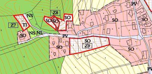 Obr. 17: Plochy Z7, Z8 a Z9 na hlavním výkresu ÚP a leteckém snímku (zdroj: Urbanistické středisko Ostrava s.r.o. 2017, ČÚZK).