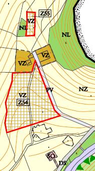 Zemědělský areál Srubovka Obr. 22: Plochy Z54 a Z55 na hlavním výkresu ÚP a leteckém snímku (zdroj: Urbanistické středisko Ostrava s.r.o. 2017, ČÚZK).