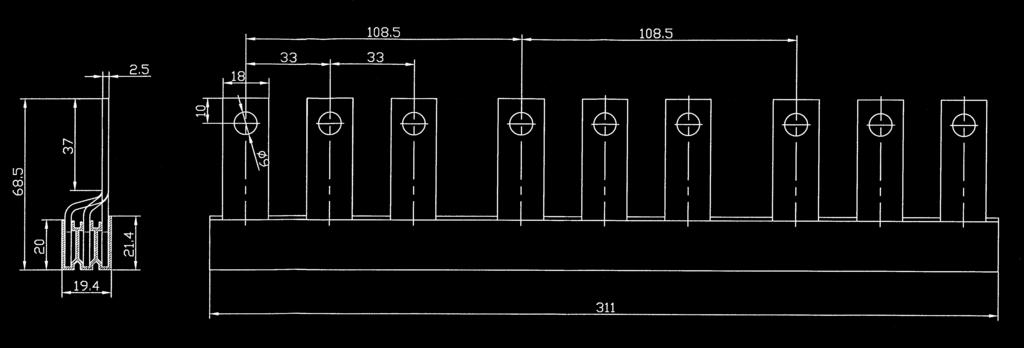 Pojistky a pojistkové odpínače Propojovací lišta pro 3 3p odpínače 35 mm2 Cu Z-LTS-00/3-SV pro LTS-160/00/3E Koncový kryt součástí dodávky Možnost