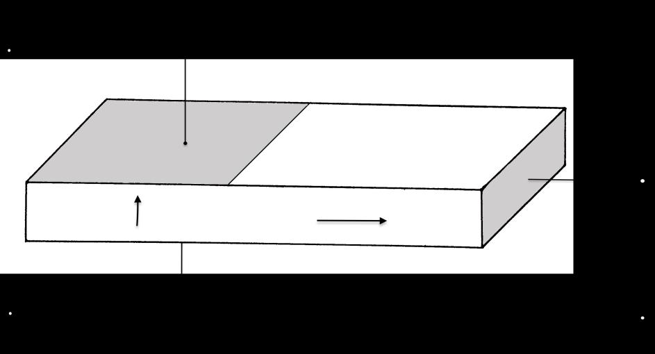 Obr. č. 3 Piezoelektrický transformátor Rosenova typu s vyznačenými elektrodami. Šipky označují směry polarizace.