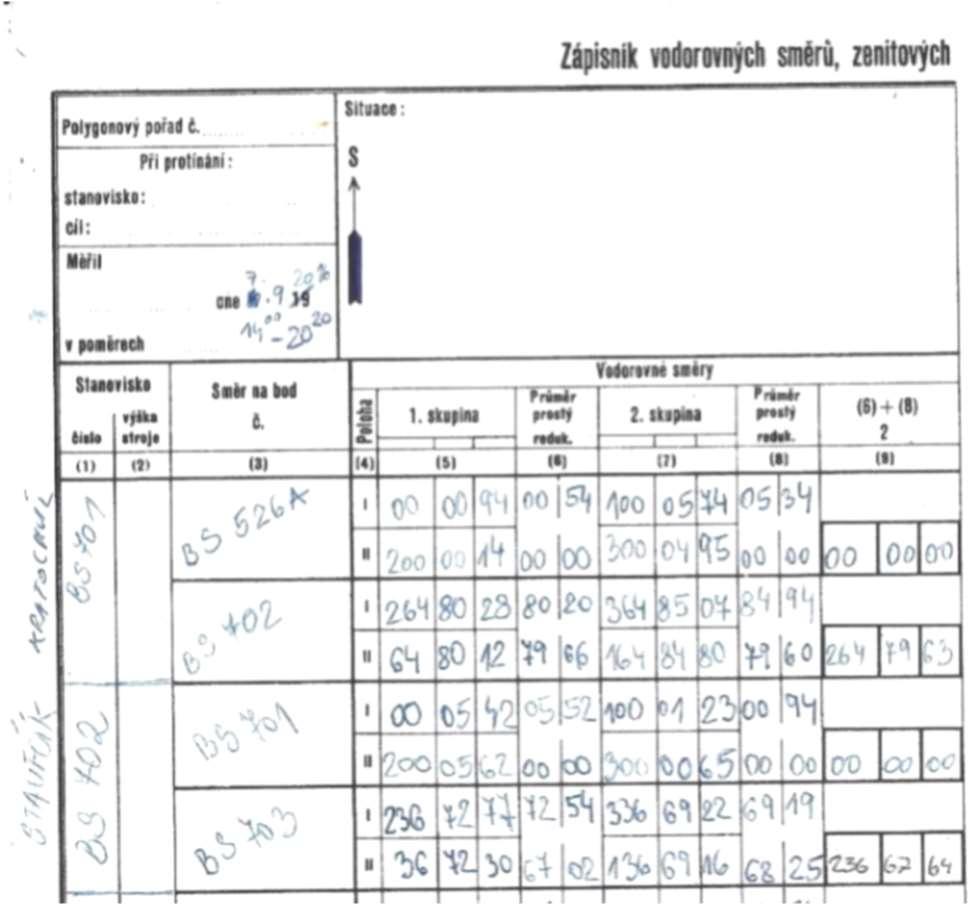 přístroje Meopta MNK20. Jako výchozí bod pro výpočet výšek byl použit bod BS526A.