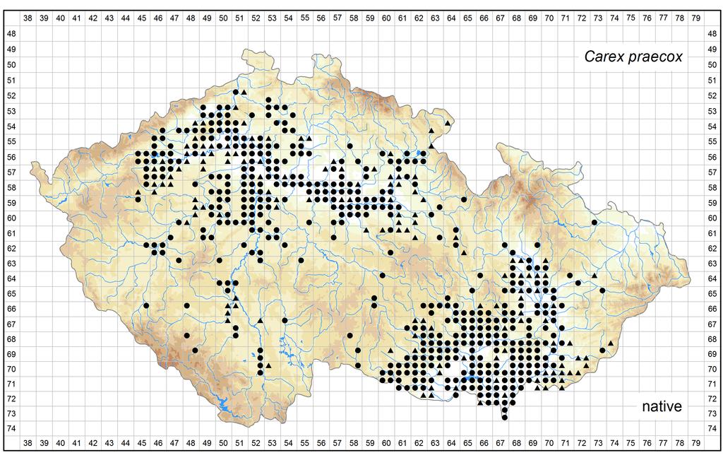 Distribution of Carex praecox in the Czech Republic Author of the map: Vít Grulich, Radomír Řepka Map produced on: 06-02-2017 Database records used for producing the distribution map of Carex praecox