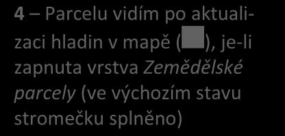 3 Správně založená parcela (řádek je zelený) 4 Parcelu vidím po aktualizaci hladin v mapě ( ), je-li zapnuta vrstva Zemědělské