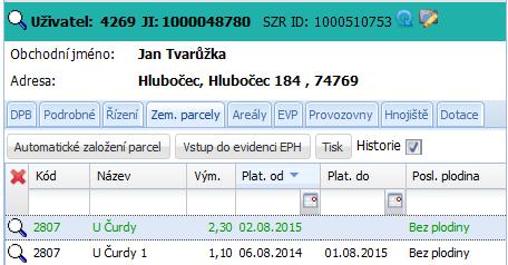 Přehled osevního postupu na jednotlivých parcelách lze zobrazit a vytisknout v LPIS (postavení uživatele Zem. parcely Tisk) nebo v aplikaci EPH (Sestavy Osevní postupy).