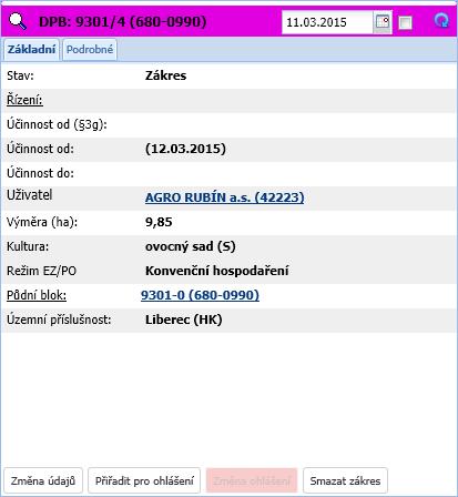 Zobrazení detailu provedete proklikem návrhu v mapě, nebo kliknutím na řádek v seznamu DPB zak. farmáře. 2.