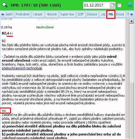 Obrázek 151 Zobrazení kódu 4+ ze záložky NS V informativních tiscích za uživatele a to: Tisk č. 10 Erozní ohroženost (oddíl 01) Tisk č. 1 NS Souhrn - od 1.8.