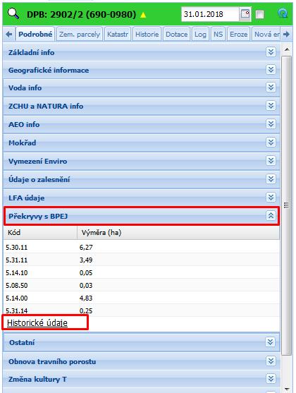 Obrázek 23 Záložka Podrobné - sekce Překryvy s BPEJ V každé sekci záložky Podrobné se nabízí možnost Historické údaje, která se aktivuje poklikem.