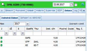 Záložka Dotace z detailu DPB: V záložce Dotace je defaultně přednastaven aktuální rok, který je promítán i do záložky Zařazeného AEKO/EZ. Změna roku je nezbytná v každé ze záložek zvlášť.
