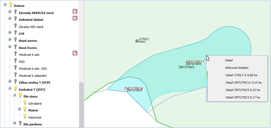 Následující obrázek ukazuje detail ZMT na pravém panelu a polygony ZMT v mapě.