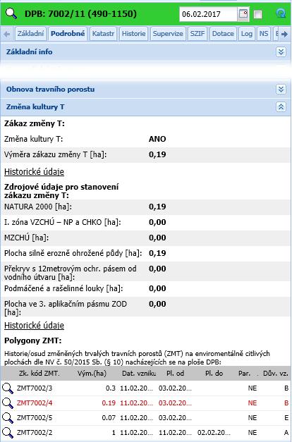 Červený řádek v přehledu Polygony ZMT označuje ZMT navázané na daný DPB.