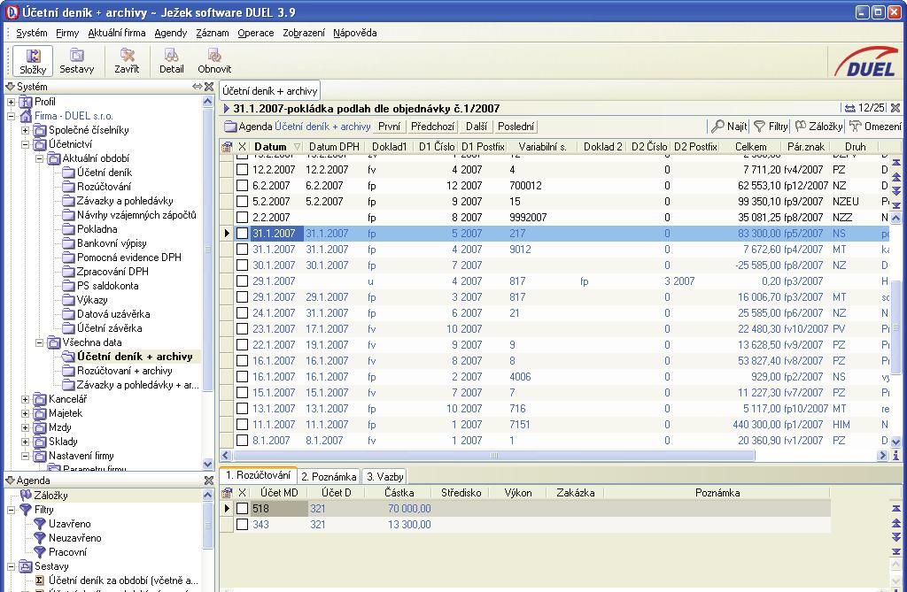 DUEL Uživatelská pøíruèka 77 Všechna data Tato èást programu obsahuje agendy Úèetní deník + Archivy, Rozúètování + Archivy a Závazky a pohledávky + Archivy.