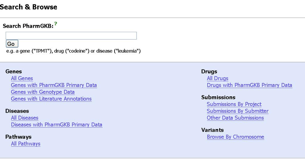 2.6.1 Pharmacogenomics Knowledge Base (PharmaGKB) Cílem databáze PharmGKB 56 (obr. 14) je podnítit výzkum v oblasti farmakogenomiky.