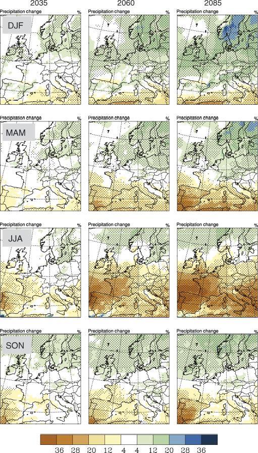 Budoucí změny klimatu srážky, Evropa 2021-2050 2046-2075 2071-2100 rozdíl oproti 1980-2009 (v %)