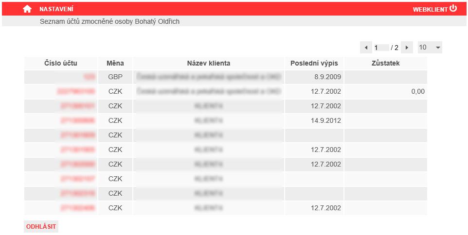 Stránka obsahuje základní informace o účtu. Zůstatek ke dni je vždy k dnešnímu dni.