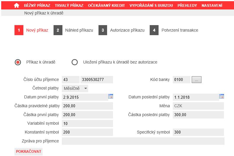 Obrázek 109 kopie trvalého příkazu pokračování v průvodci 3.9.9 Upravit trvalý příkaz k úhradě Aplikace umožňuje provést úpravu vybraného trvalého příkazu k úhradě.