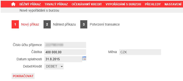 V prvním kroku průvodce vyplníte jednotlivá pole příkazu a následně klikněte na tlačítko POKRAČOVAT. Obrázek 131-1.