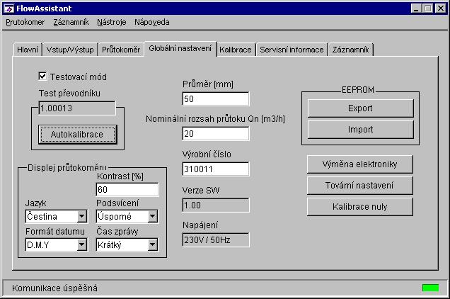 1.6.4. Okno Globální nastavení Zobrazuje globální informace o průtokoměru. Podrobněji se o možnostech nastavení dozvíte v návodu průtokoměru (Ostatní nastavení).