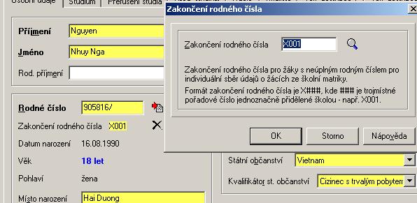 Obrázek 2.1 ukazuje přidělení rodného čísla ředitelem školy.