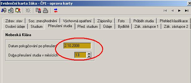 Přerušení studia obr. 12 Doplňuje se datum příchodu na školu a počet měsíců, kdy ţák nechodil do školy včetně prázdnin, přičemţ se započítává kaţdý započatý měsíc. Obrázek 12 Předchozí studium obr.