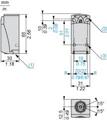 Dimensions Drawings Dimensions (1) Tapped entry for M16 x 1.5 (2) 2 elongated holes Ø 4.3 x 6.