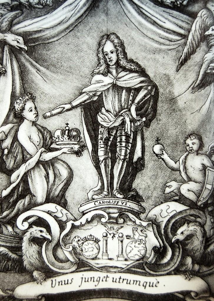 Vlevo: Emblém císaře Karla VI.