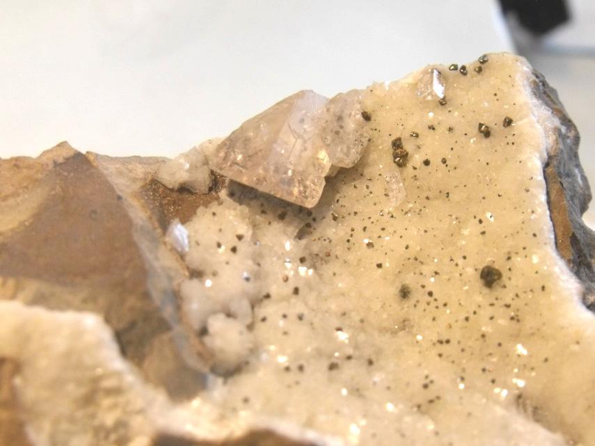 Sphalerite with whewellite and ankerite on sideritic mudstone, Ronna mine, Kladno-Hnidousy, sphalerite crystal of 10 mm. Photo by S. Fojtík. Obr. 16.
