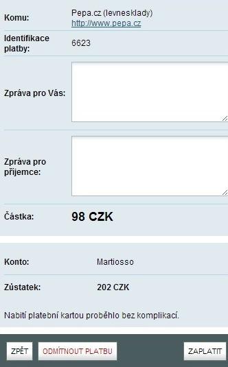 Obrázek 32: Přihlášení do systému PaySec Zdroj: Paysec, vlastní úprava Uţivatel ze svého zůstatku v