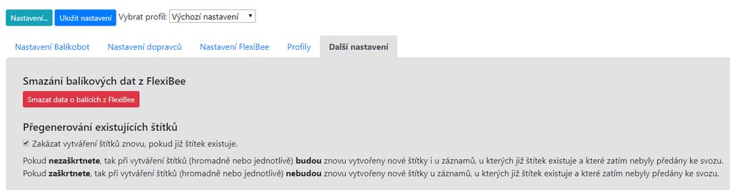 Smazáním dat přijdete o vytvořené vazby mezi FlexiBee a Balíkobotem. Ztratíte existující čísla balíků, nebudete moci později smazat ani sledovat již existující balíky v Balíkobotu.