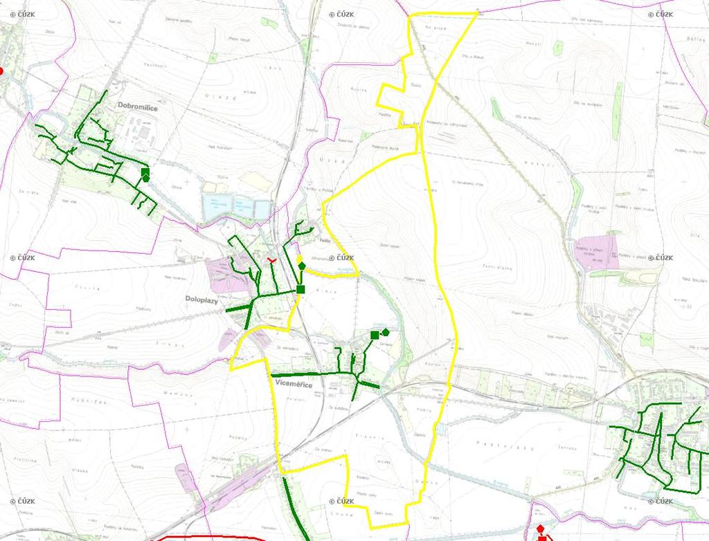 E. KANALIZACE A ČOV Mapa E1: Kanalizace - rozvody v obci Trasování sítí, lokalizace ČOV, čerpací stanice (ČS), výústě Obec: Víceměřice Legenda: Kanalizace: Ochranné pásmo: Vyústění: do 2015 po 2015 I