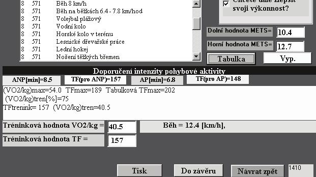 Dolní hodnota METs pro doporučené pohybové aktivity je programem automaticky stanovena jako horní hodnota METs - 10 %, lékař ji však může upravit. Na Obr.