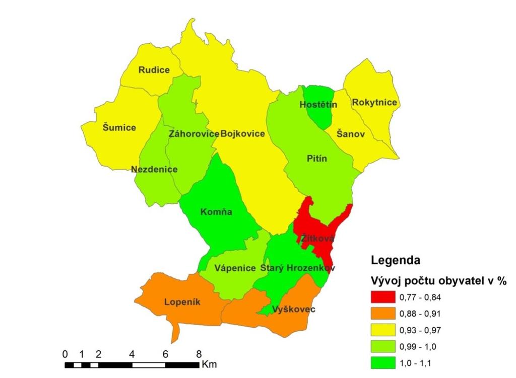 Tabulka 2 Vývoj počtu obyvatel na území Bojkovska v letech 2008-2014 Území 2008 2009 2010 2011 2012 2013 2014 Hostětín 244 241 240 241 246 242 236 Rokytnice 589 583 573 579 587 576 575 Šanov 512 504