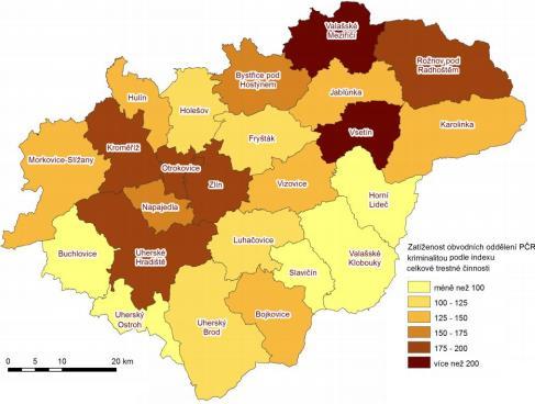 Obrázek 9 Zatíženost obvodních oddělení PČR ve Zlínském kraji v roce 2013 (dle indexu celkových TČ) Zdroje dat: Policie ČR, 2014 Graf 8 Zjištěné trestné činy za rok 2013 v obvodním oddělení Bojkovice