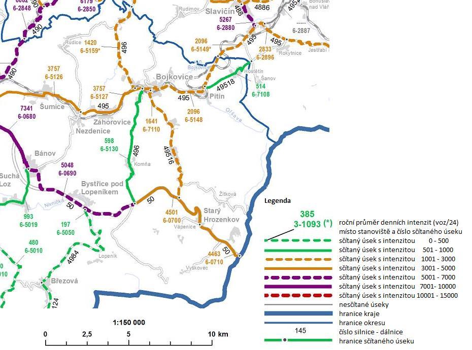 Obrázek 13 Nejzatíženější úseky silnic na území MAS Bojkovska Zdroje dat: Celostátní sčítání dopravy 2010, Ředitelství silnic a dálnic ČR Železniční doprava Železnice prochází rovněž ze