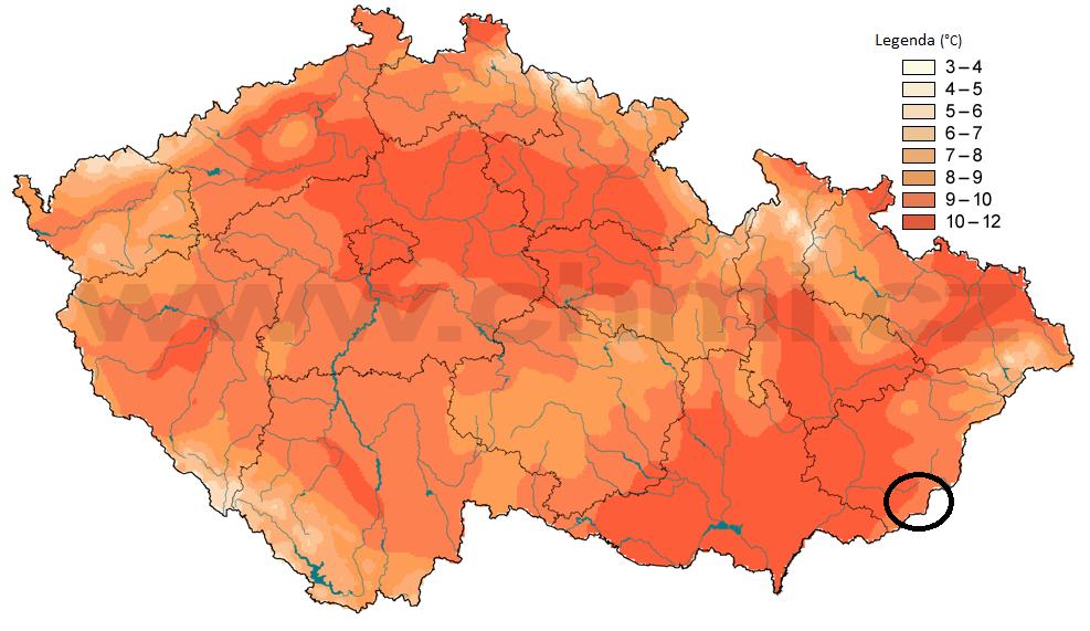 Obrázek 21 Průměrná roční teplota vzduchu za období 1961 1990 ( C) Zdroje dat:zpracování Eva Holtanová, Petr Skalák.