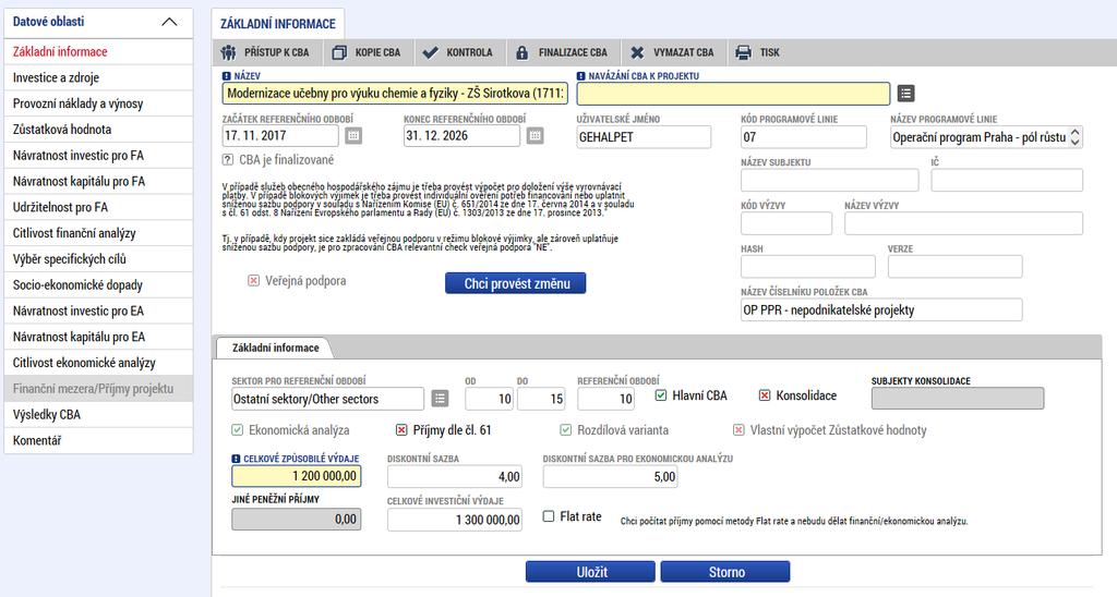 Založení CBA II Klíčové podmínky: CZV < 5,0 mil. Kč => zpracování CBA v modulu CBA není povinné (viz. kap. 8 a 9 SP). CZV < 100,0 mil. Kč => EA = ne.