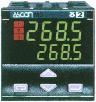 ASCON Série M3 (rozměry: š x v x h = 48 x 48 x 120mm) dvoupolohová, třípolohová nebo PID regulace dva nezávislé alarmy zobrazení ve fyzikálních jednotkách (volba z 10 typů) manuální i automatické