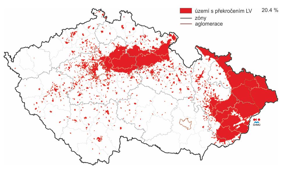 Obrázek 8: Mapa oblastí s překročenými imisními limity pro ochranu zdraví, ČR, 2015 Zdroj: ČHMÚ [7] Obrázek 9: Mapa oblastí s překročenými