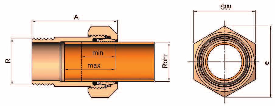 Mosadzné svorné spojky MAS + MO s vonkajším závitom, obojstranné uchytenie Pre medené rúry: DIN EN 1057 (skôr DIN 1786), DVGW GW392 15 mm 54 mm: Média: Voda, stlačený vzduch Teploty: Voda: do 80 C