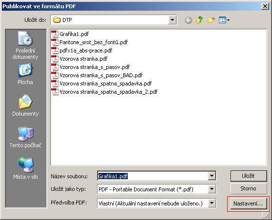 Nabídka Publikovat ve formátu PDF: Zde zadejte název souboru a