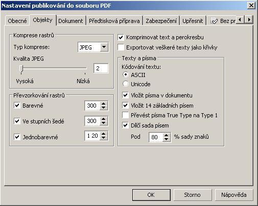 Objekty: Nastavte podle potřeby (doporučené hodnoty podle obrázku). Pokud máte obrázky ve správném rozlišení už při sazbě, můžete převzorkování vypnout.